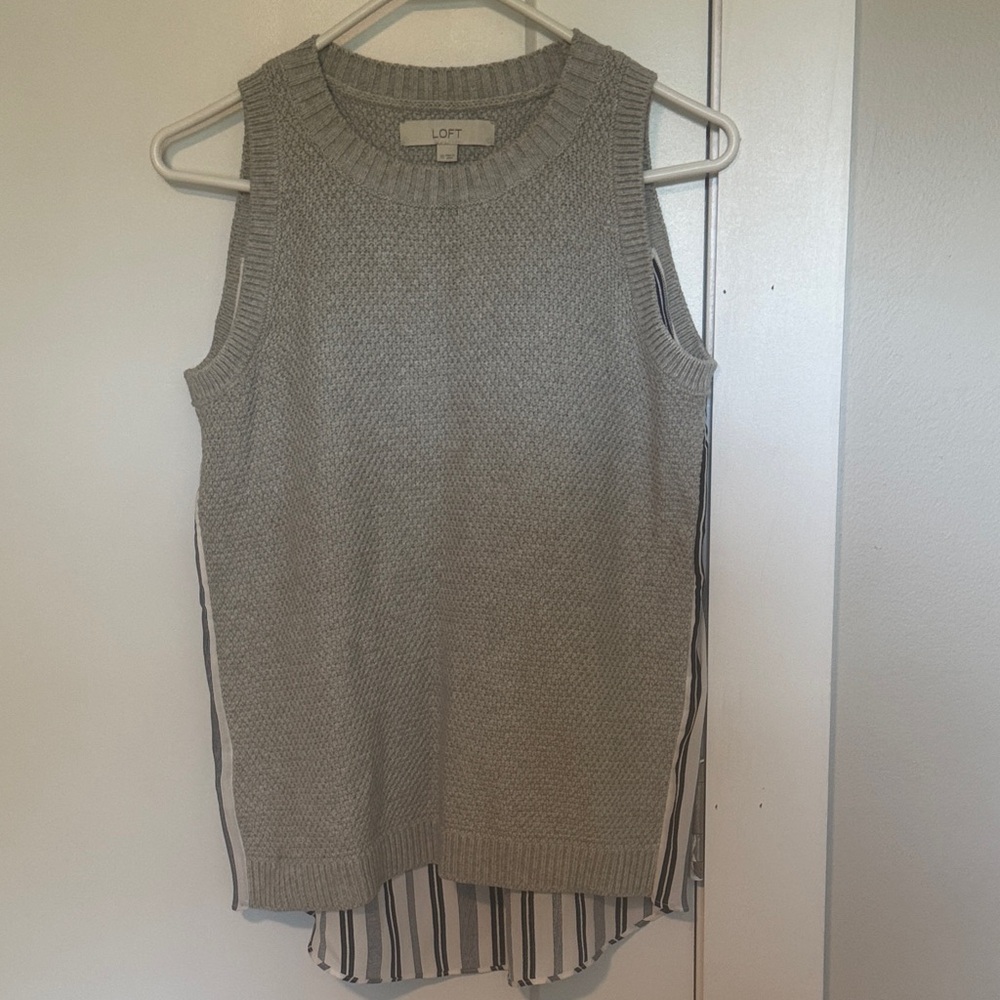 LOFT Gray Knit Muscle Tee with Striped Detail